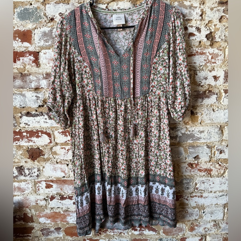 Knox Rose Pink and Green Floral V-Neck Tiered Tunic